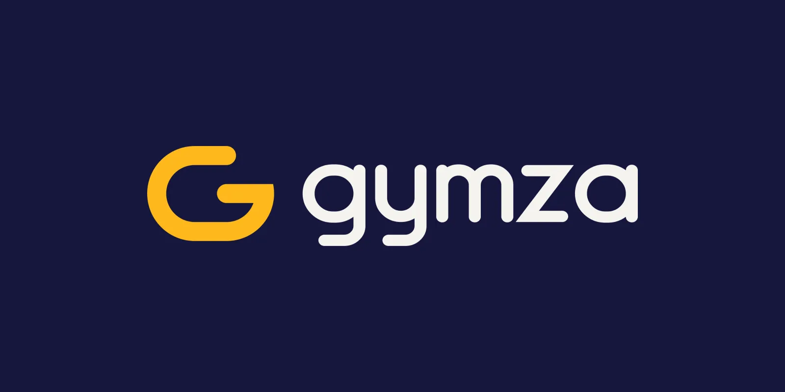 شعار Gymza: حرف G أصفر واسم gymza على خلفية زرقاء داكنة